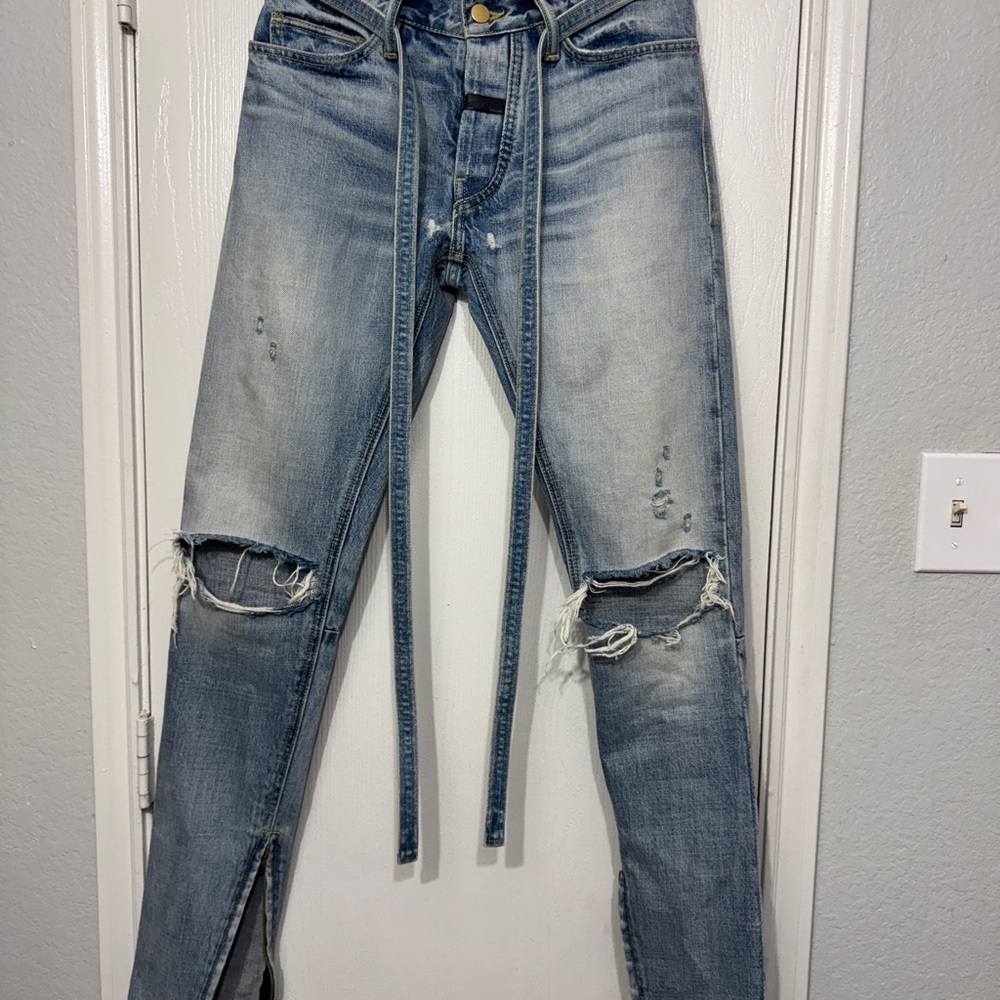 Fear of God Blue Skinny Jeans with Ripped Knees